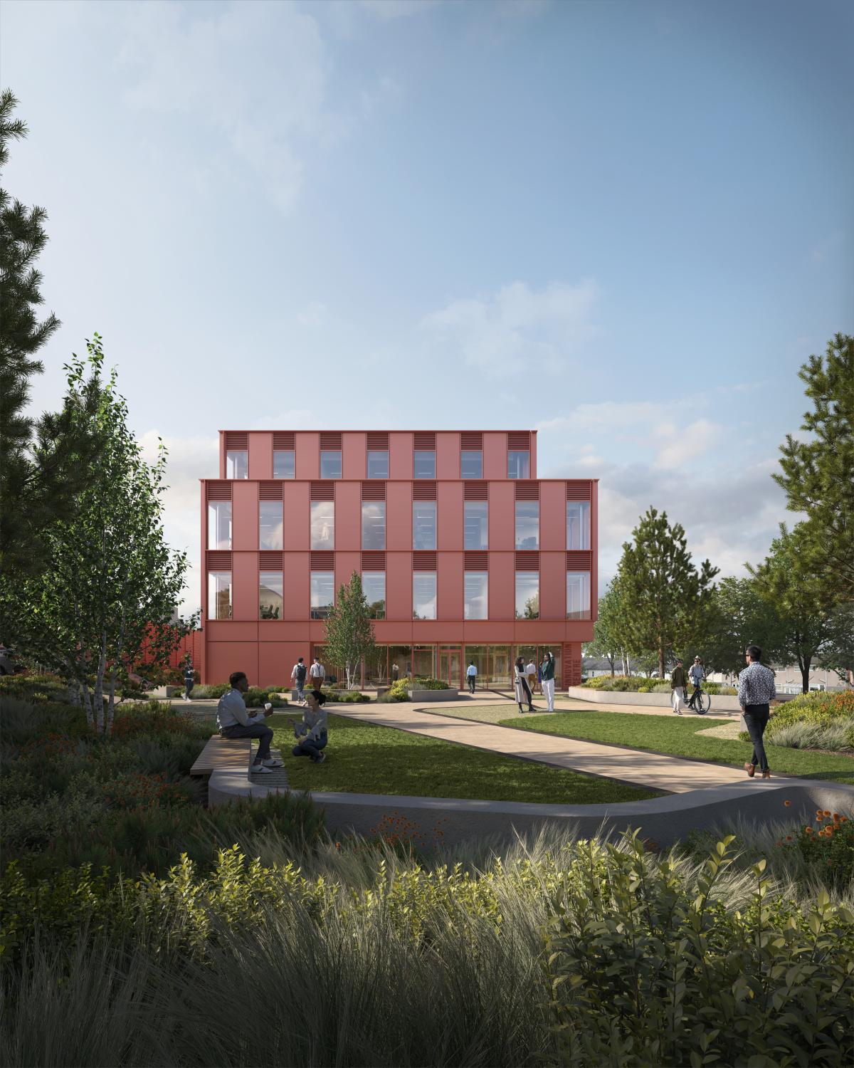 Workington Innovation Centre, red building amidst green area.