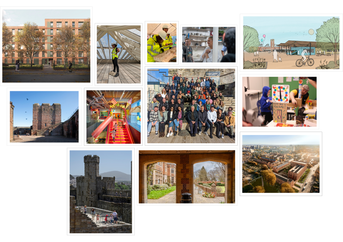 A collage of images, including Buttress proejcts, castles, residential areas and team building days.