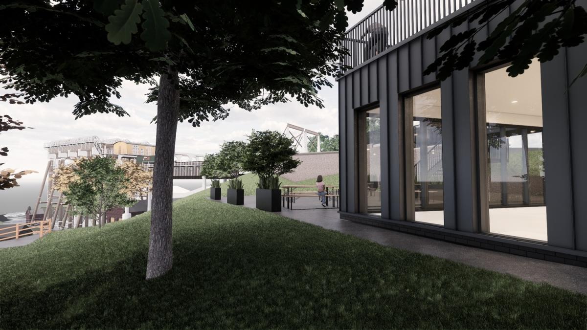 CGI of Anderton Boat Lift, a patch of grass with a tree in front of a building wall - panelled with large windows.