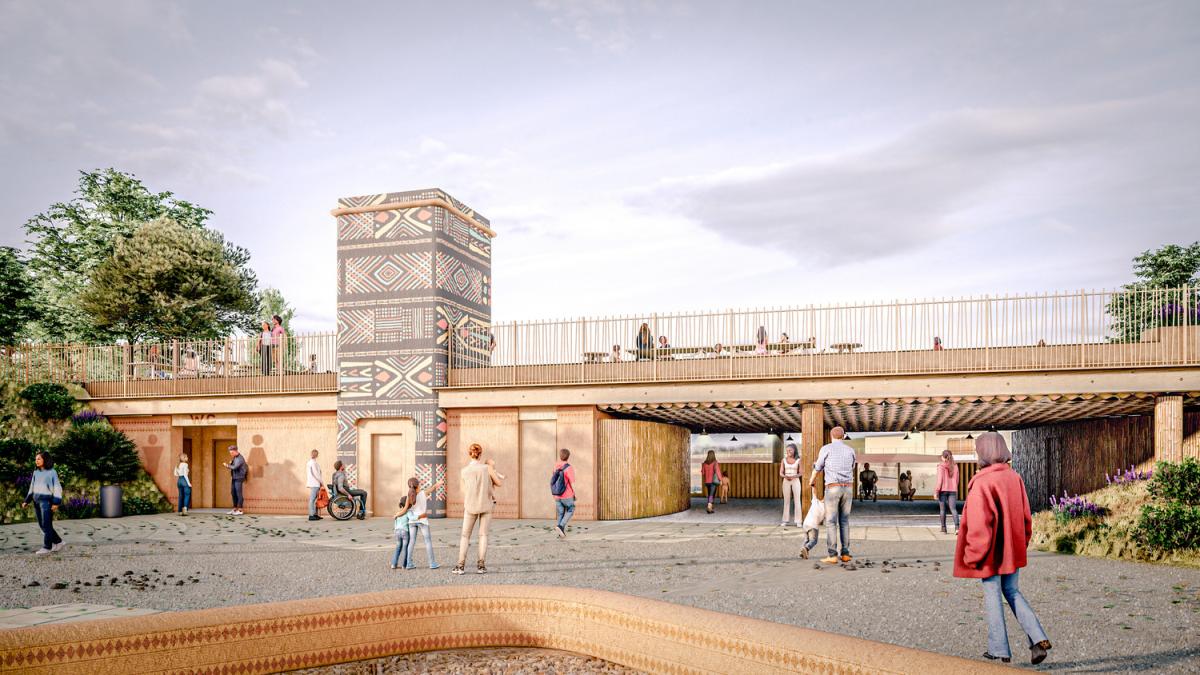 CGI of Chester Zoo, a light wood timber building with people approaching.
