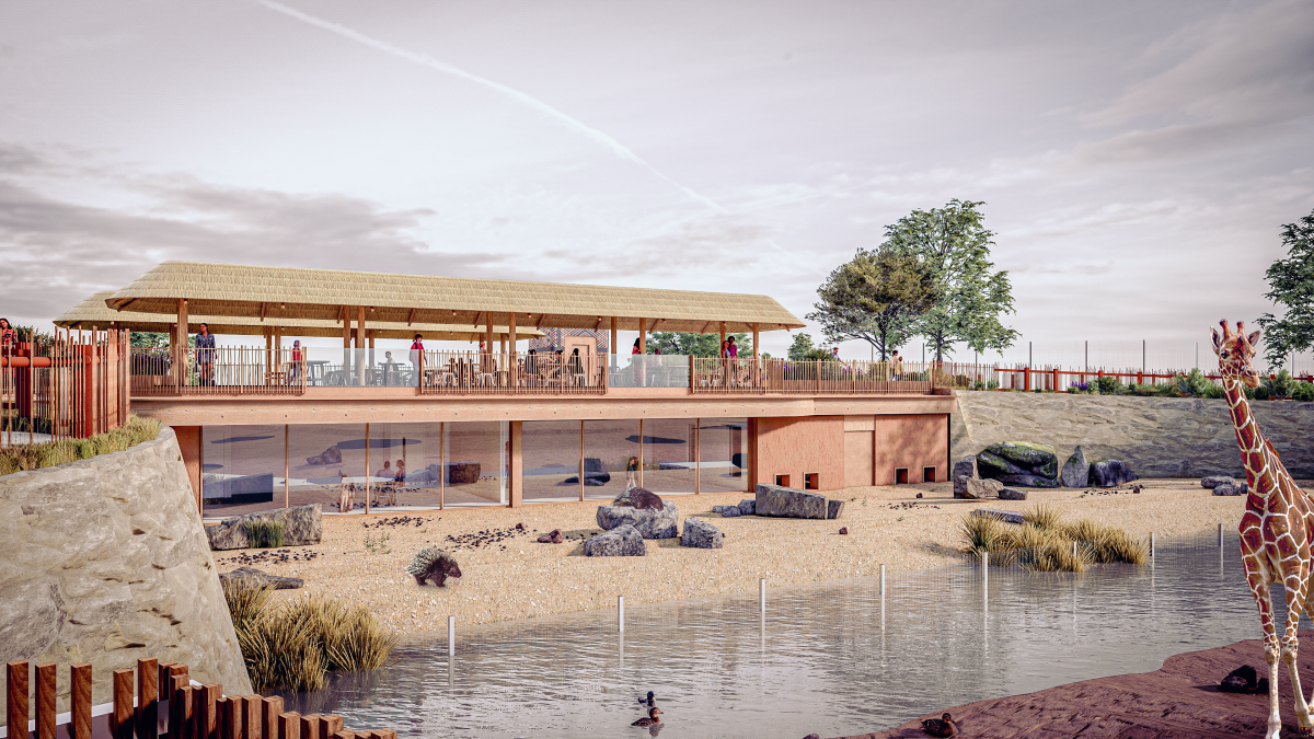 CGI of Chester Zoo, wood and glass building beside water with a giraffe at the front of the CGI.