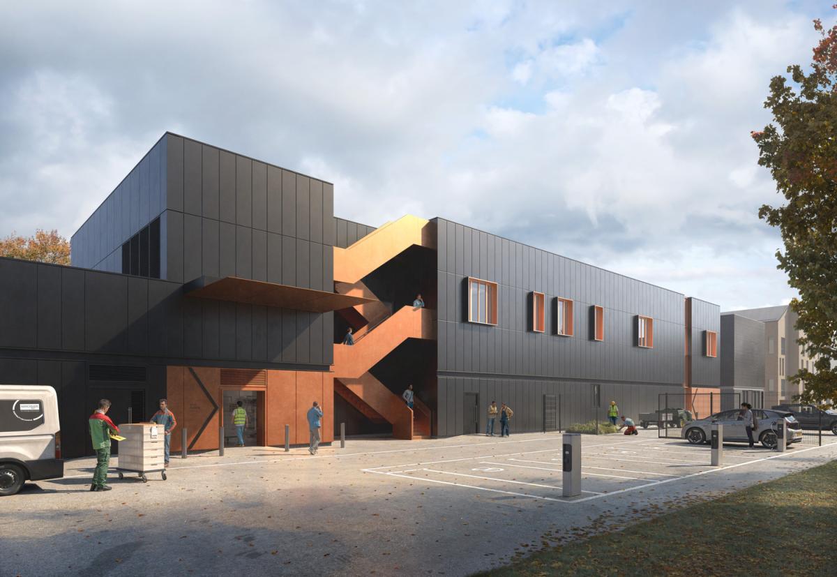 A CGI of the Limes building - a black panel and terracotta building with orange stairs.