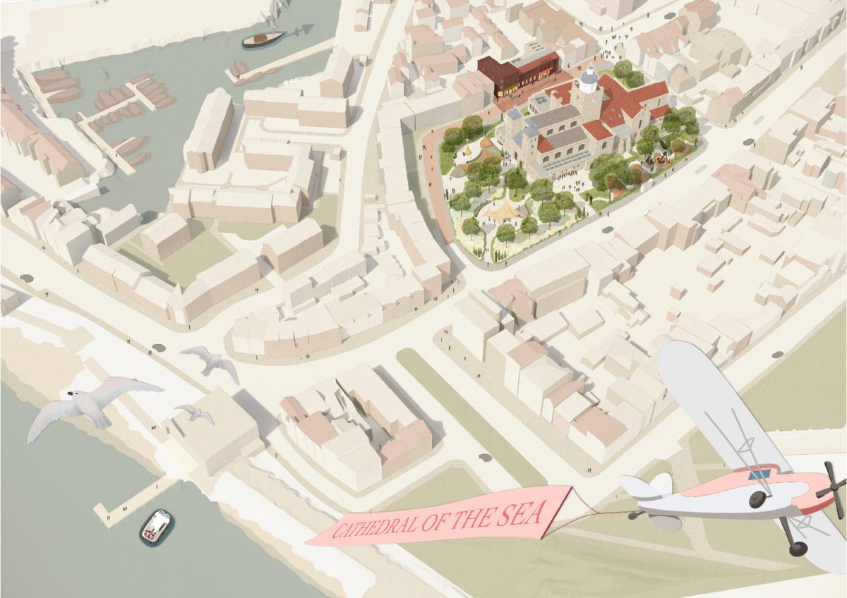 A birds eye graphic of Portsmouth's buildings in beige with the Cathedral in colour. Showing a plane with the 'cathedral of the sea' on a banner behind it.