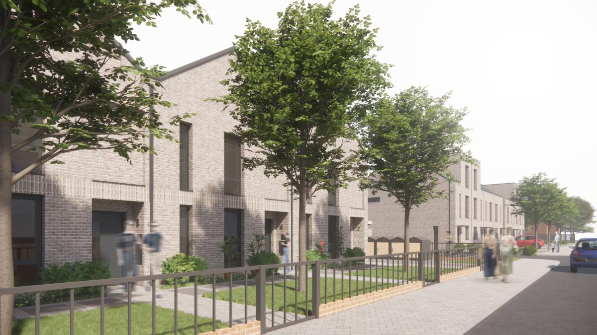 CGI render of the SHAP homes scheme - white brick buildings facing a grassy garden with a fence in front of the grass.