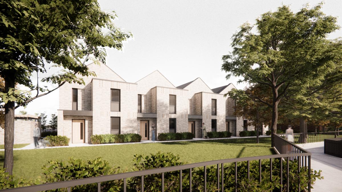 CGI render of the SHAP homes scheme - white brick buildings facing a grassy garden with a fence in front of the grass.