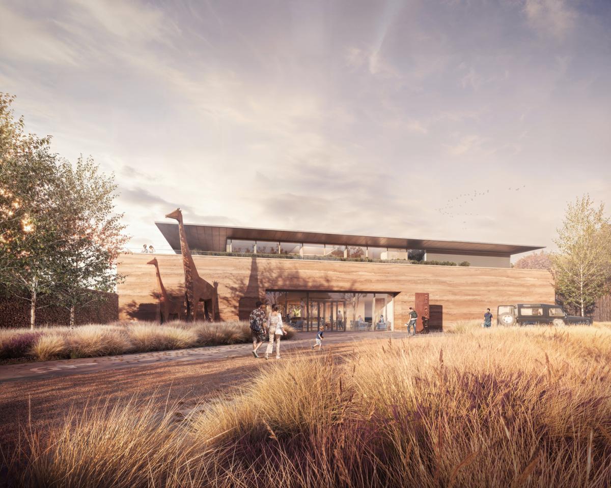 CGI of Chester Zoo, a light wood timber building with people approaching.