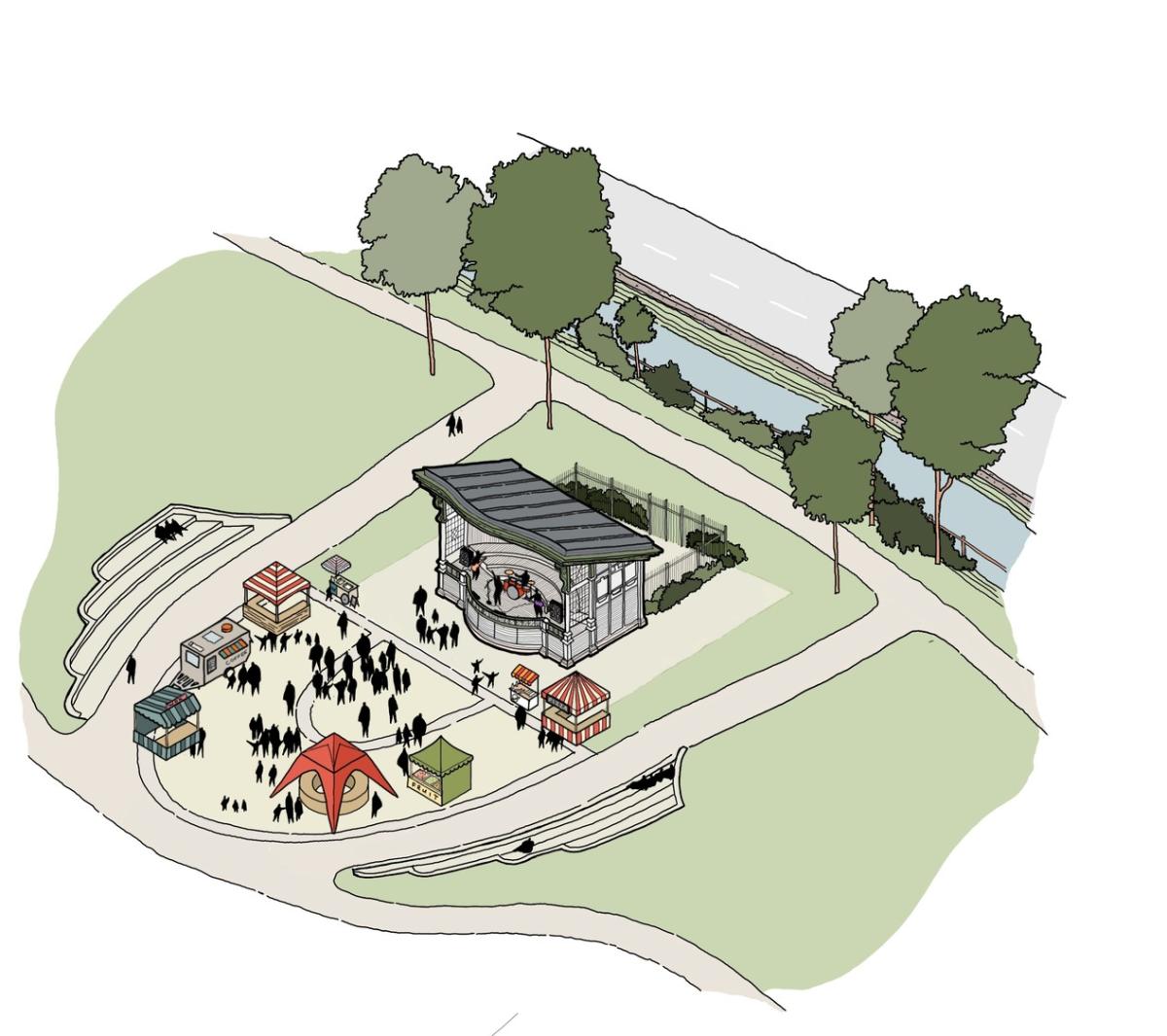 A sketch of Todmorden bandstand - a traditional bandstand in a park area