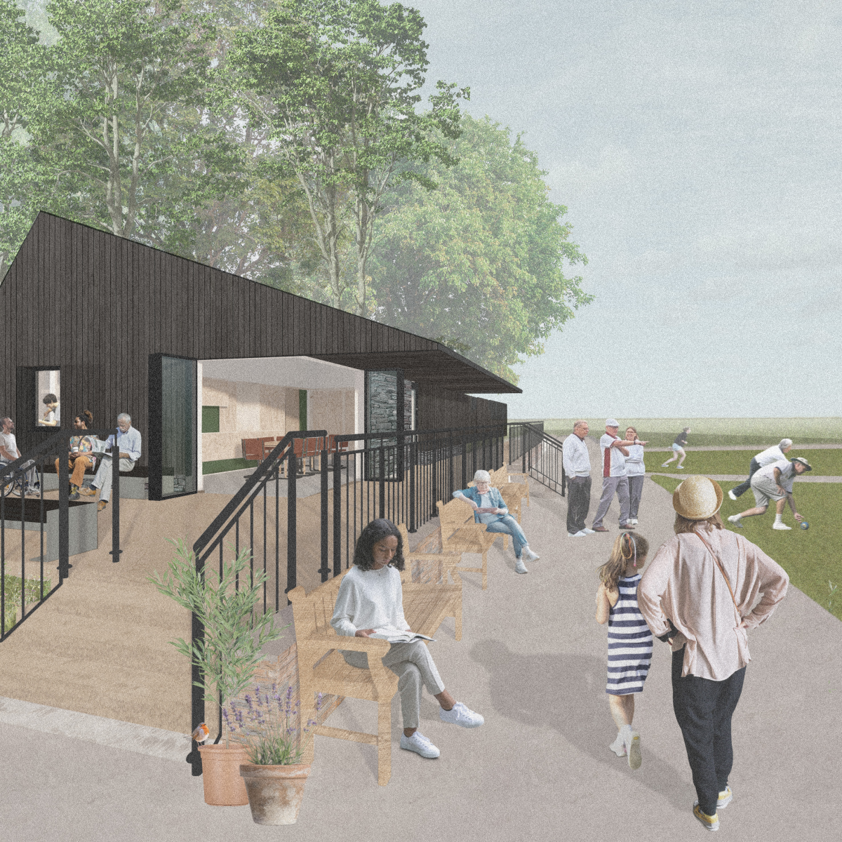 CGI of Todmorden Pavilion - a black timber building in a park, with people walking past it.