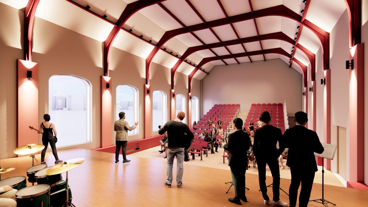 CGI visual of the interior of a performance space. Peope are standing on wood floors in front of tiered seating.