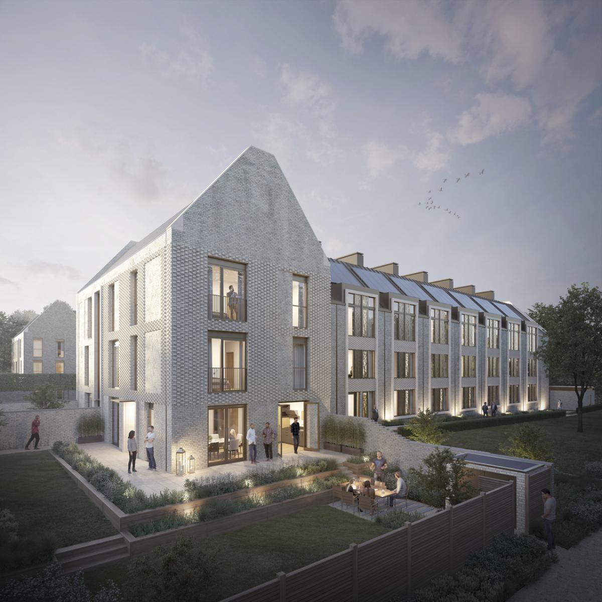 A CGI of a school boarding house at dusk