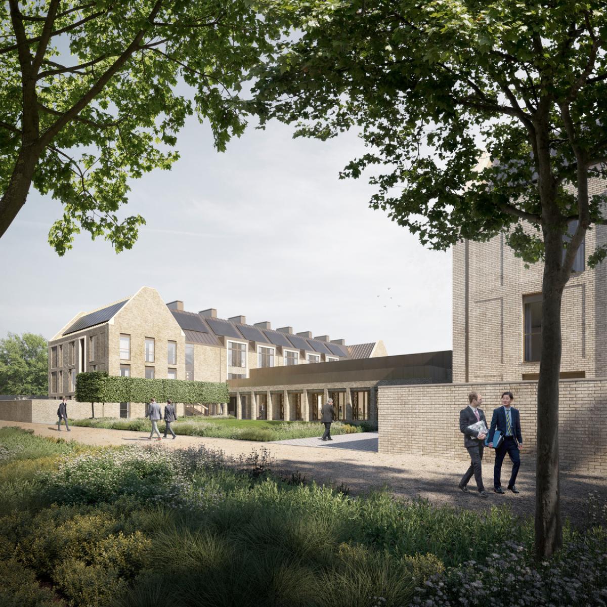 A cgi of boarding houses with trees framing the view