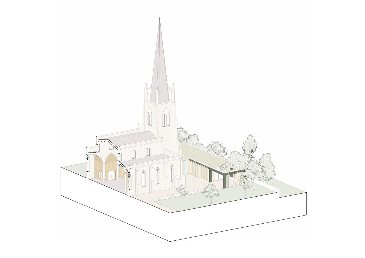 a cut away 3D drawing of a church showing a section through the nave