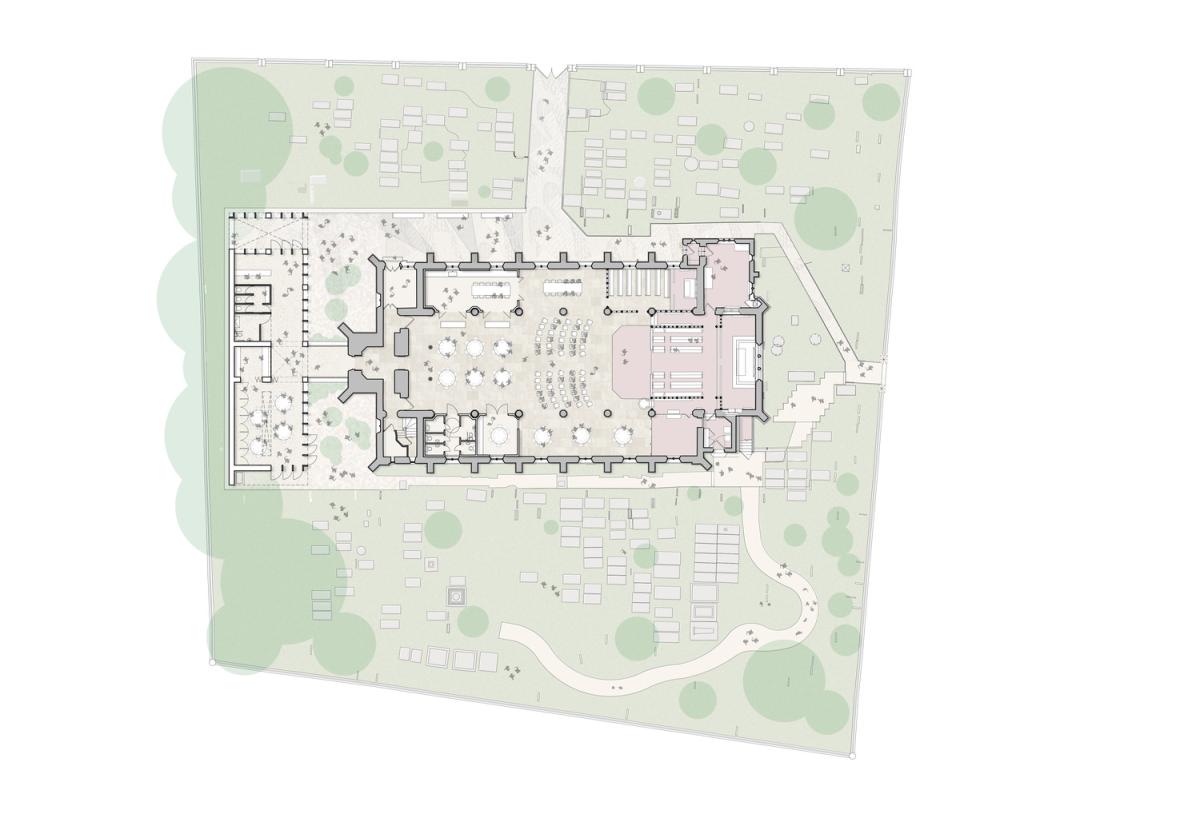 a coloured floor plan of a church