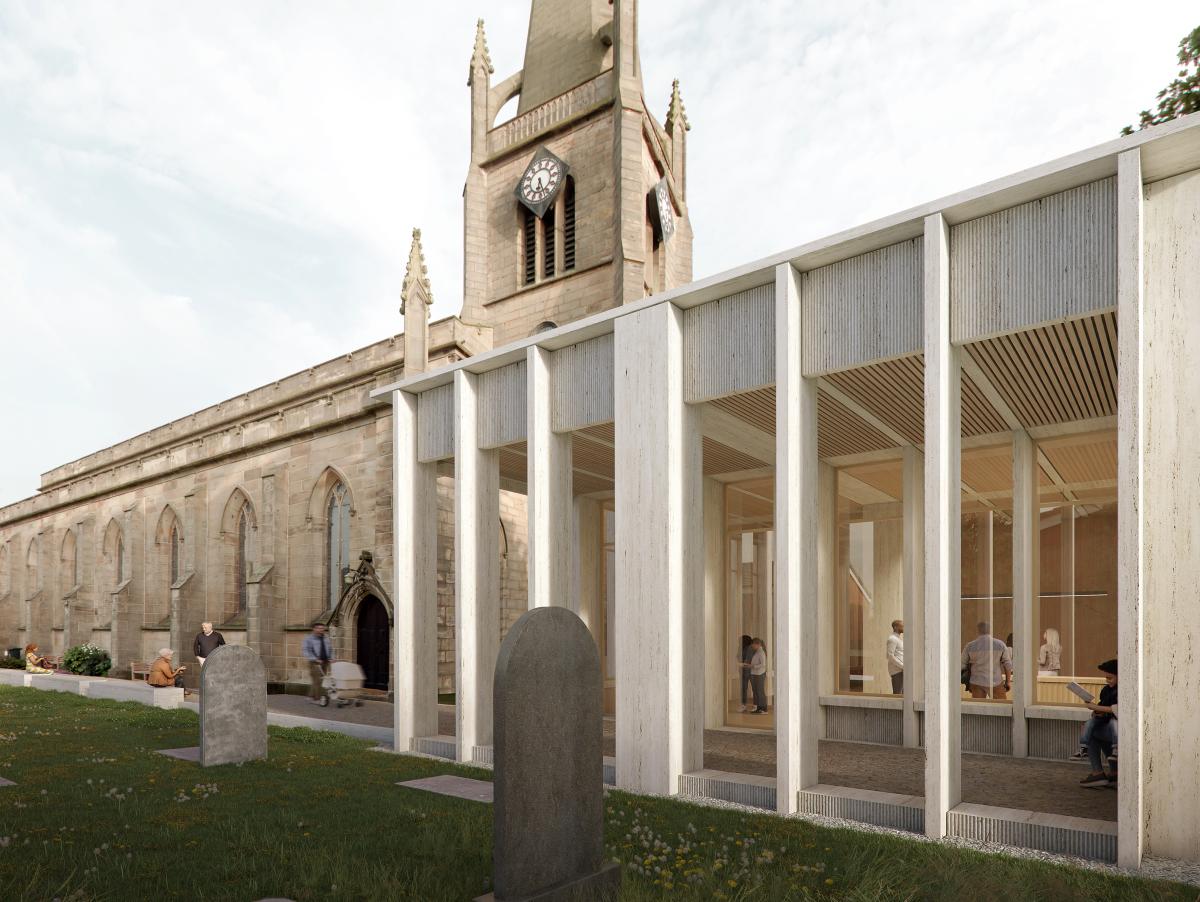 A CGI of a new church extension. with tall vertical glazing and stone fins between the new pavilion is to the fore with the church in the background