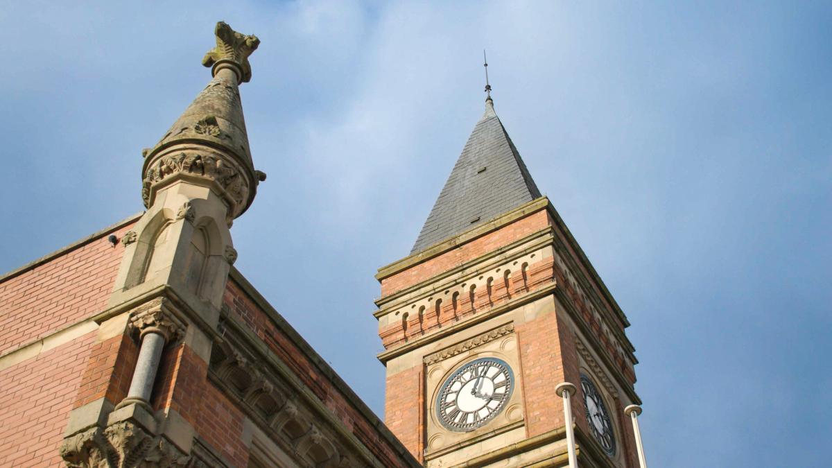 Stretford Public Hall roof and clock tower.