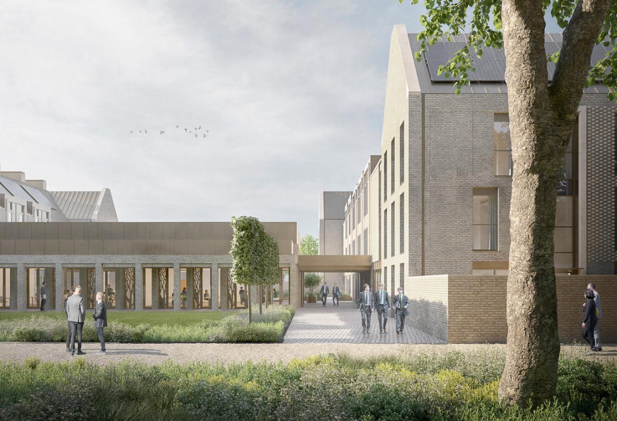 a cgi of a contemporary school quad