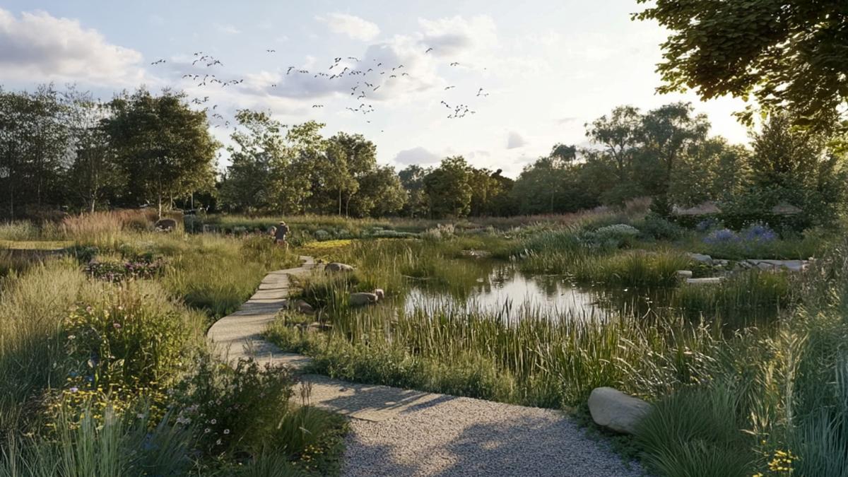CGI of a lake with grass and walkway