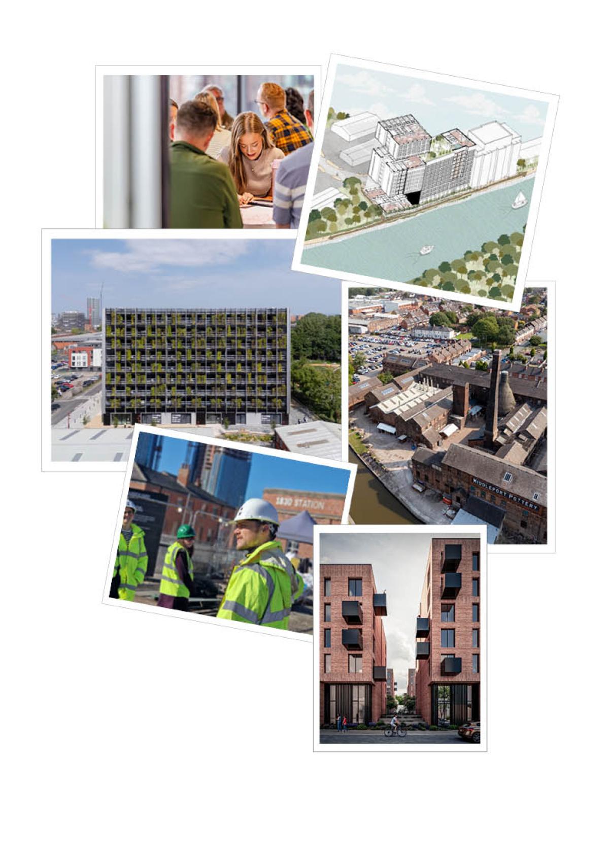 a collage of images of buildings and people