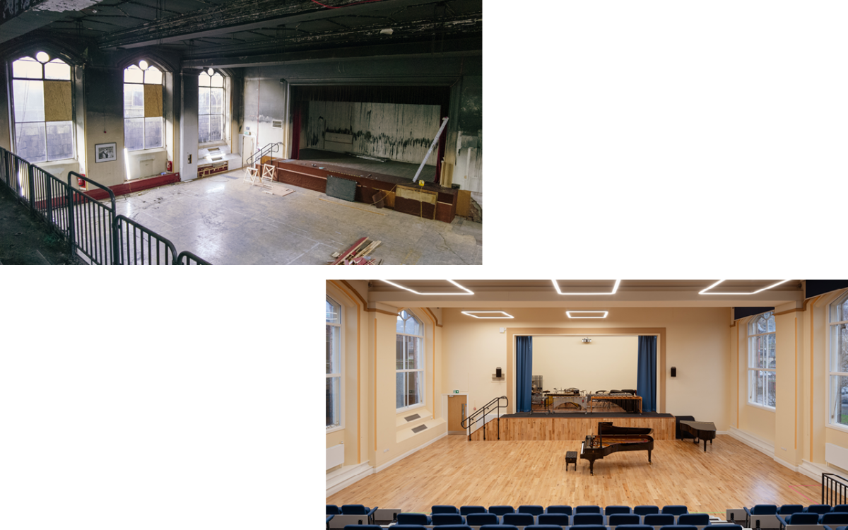 Two images of a before and after of a performance space with stage and tiered seating.