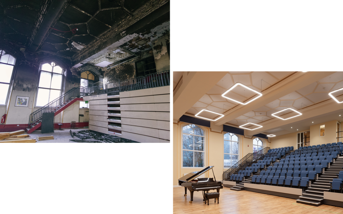 Two images of a before and after of Whiteley Hall at Chethams - a performance space
