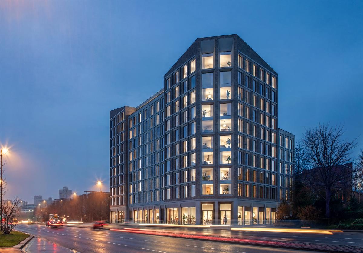 CGI of a residential 10 storey apartment block - at night