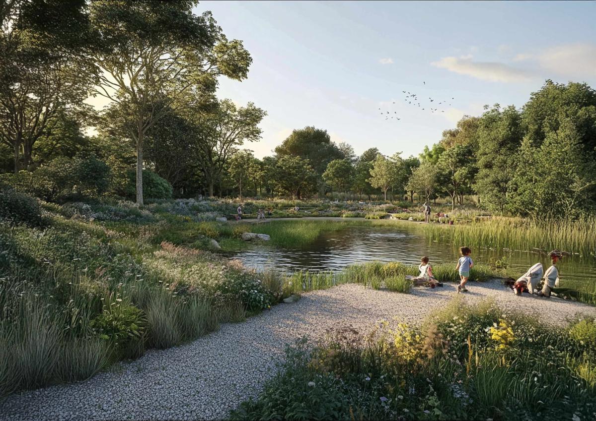 CGI of Merton Meadows flood alleviation scheme, wetlands by water