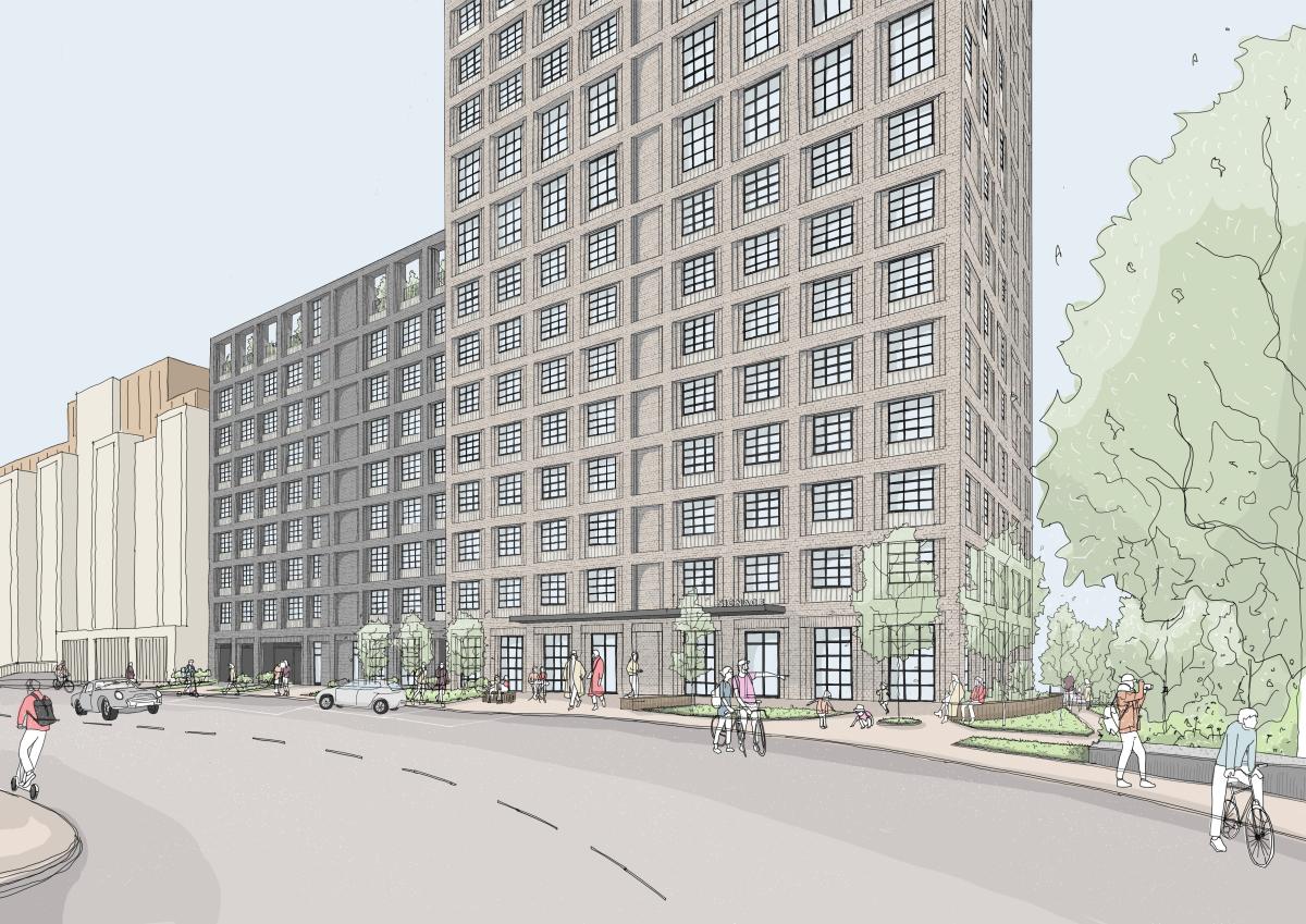 A sketch of a tall tower co-living apartment block, street side.