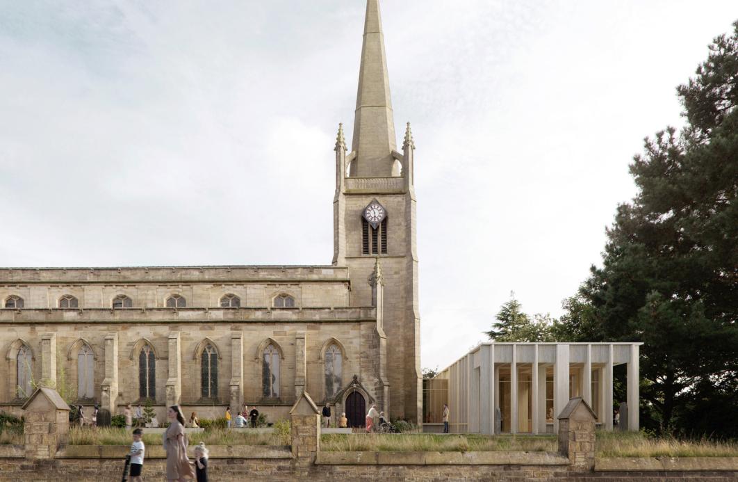 A CGI of a church with contemporary extension