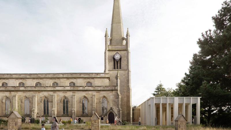 A CGI of a church with contemporary extension