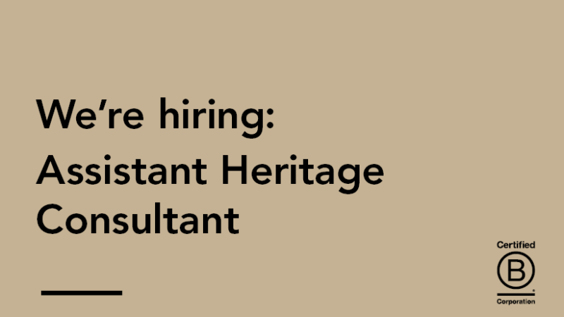 graphic with brown background and the text: we're hiring - assistant heritage consultant