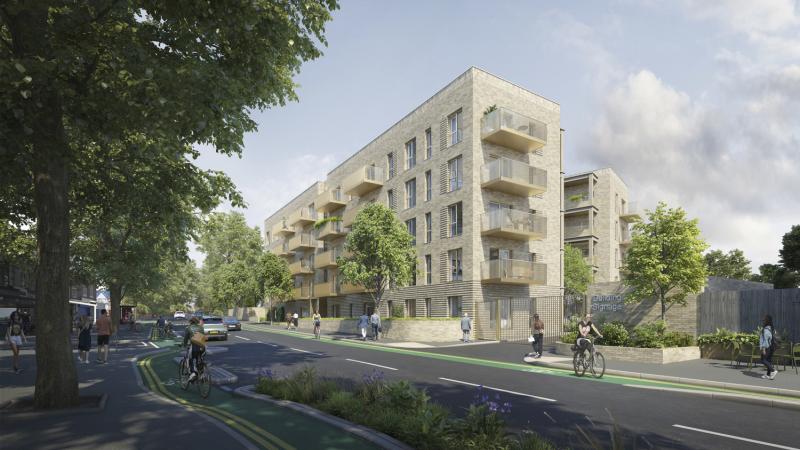 CGI views of Chorlton Baths later living apartment block, street view with trees to the foreground.