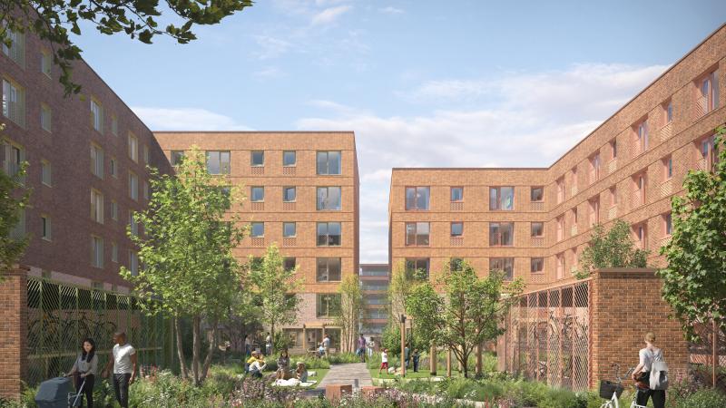 A CGI image of the residential apartment blocks with landscaping and greenery.