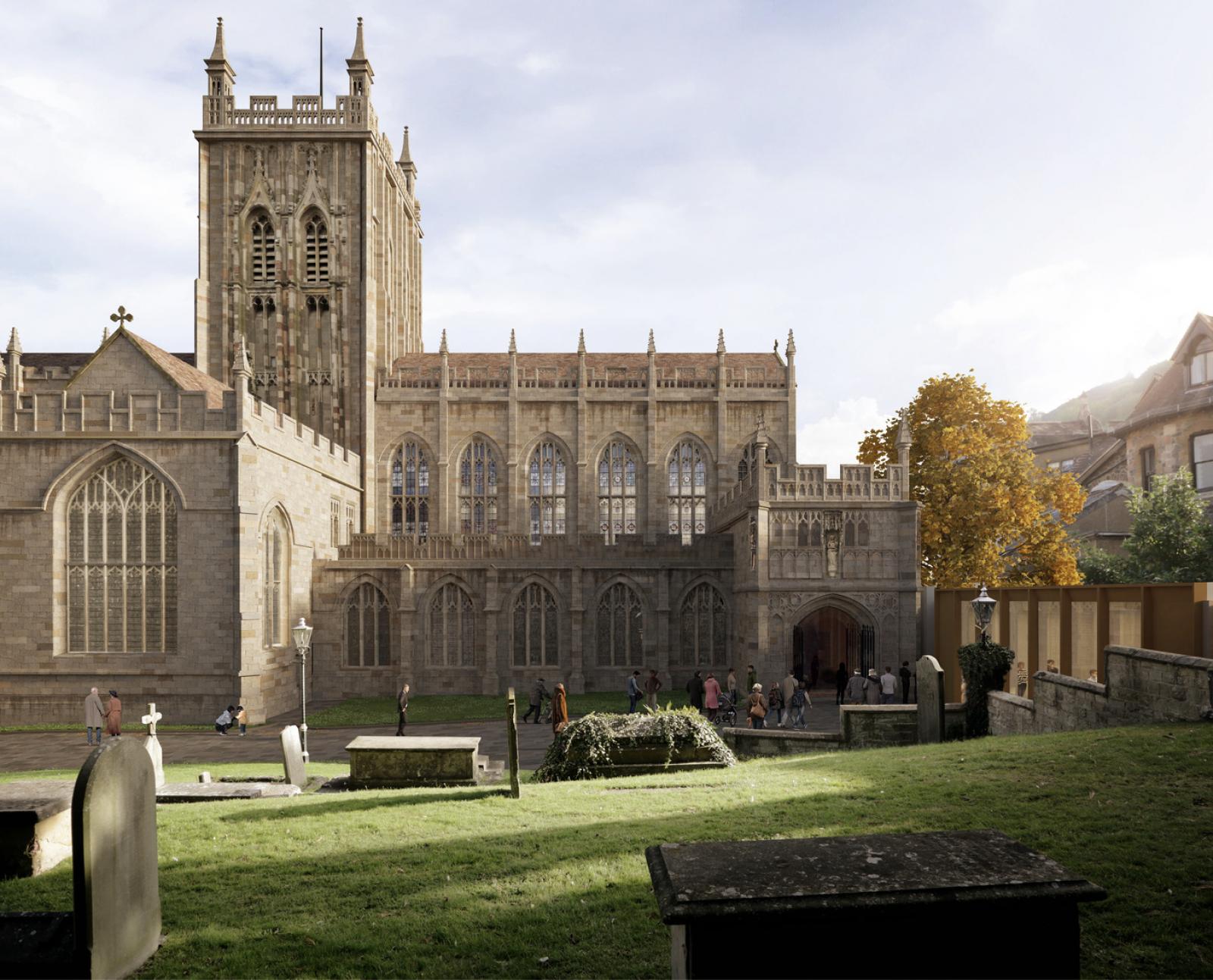 CGI of Grade I listed church with contemporary extension.