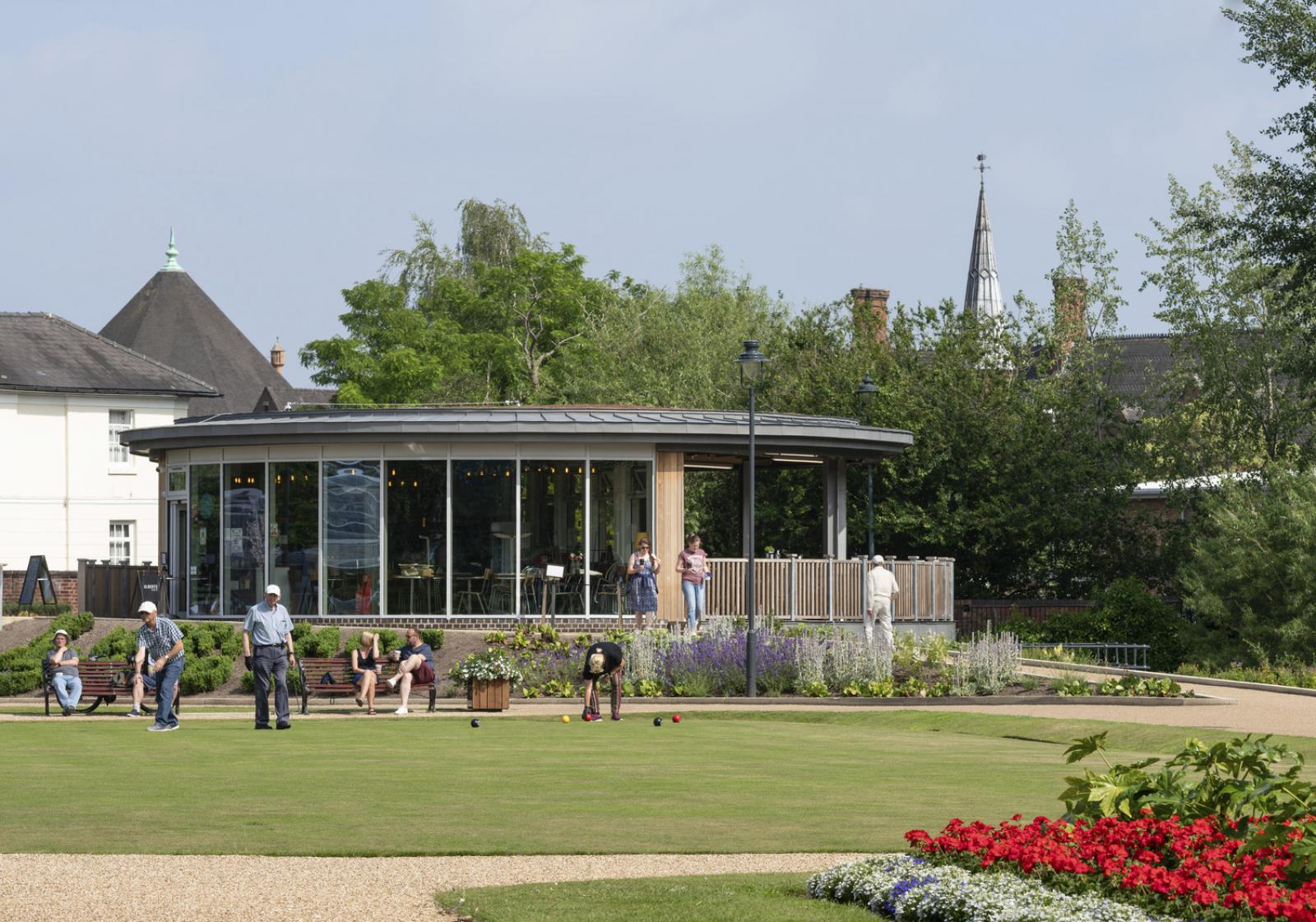 Modern cafe in a park.