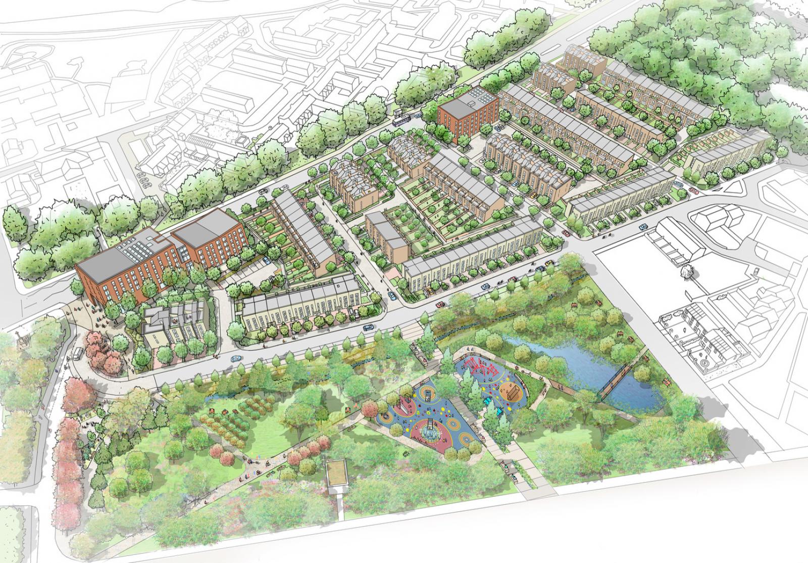a sketch of a masterplan with housing and a new park