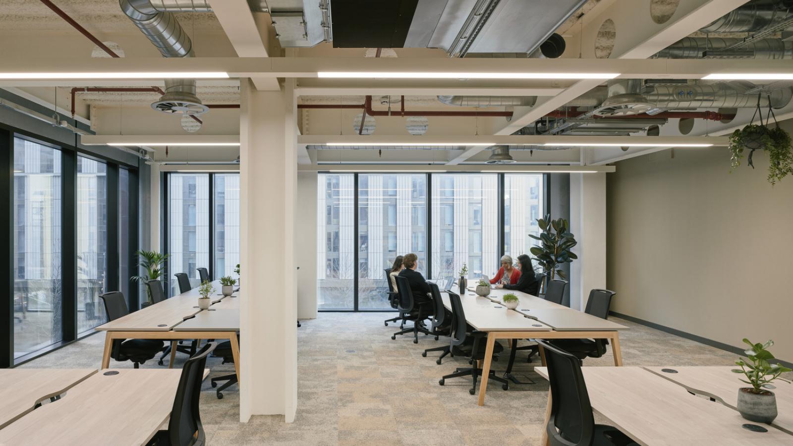 People working in a contemporary office space.