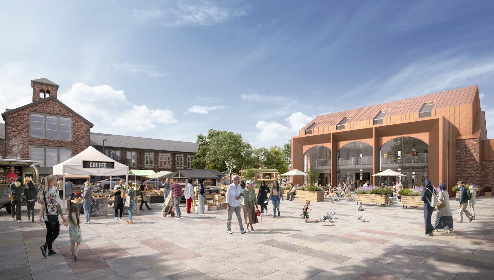 Outdoor image. Town square with people enjoying what's on offer. To the right is a glazed building with three glazed large arch shaped windows. In the background is a traditional clock tower building.