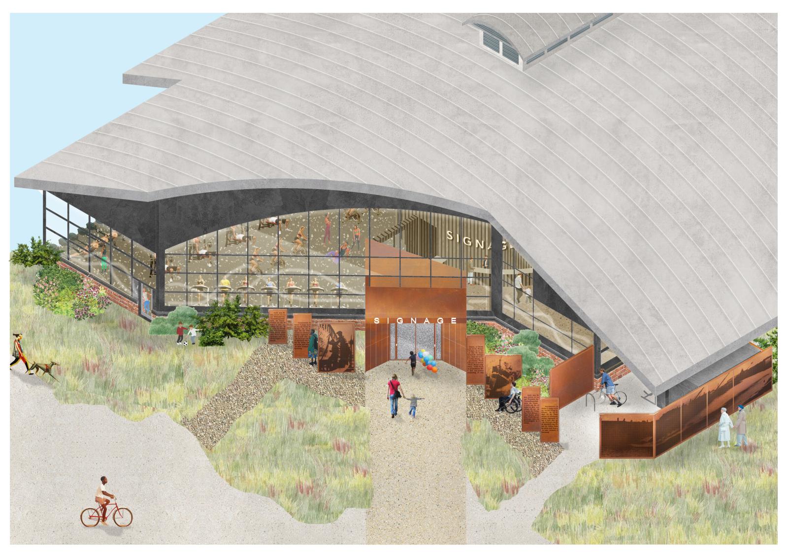 Birds eye view of a building with a grey sloping roof. It has a glazed from entrance with people entering. Outside is a green public area.