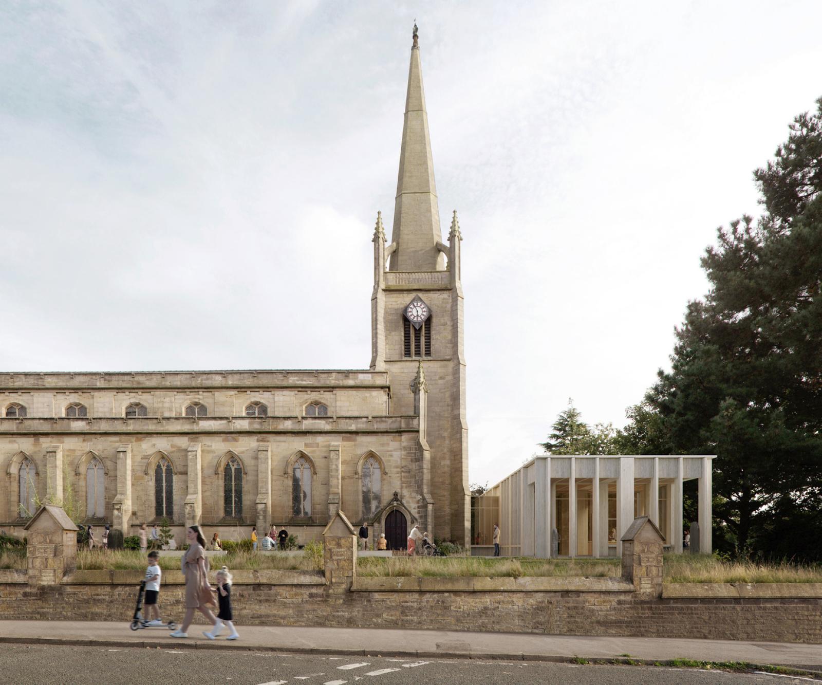 A CGI of a church with contemporary extension