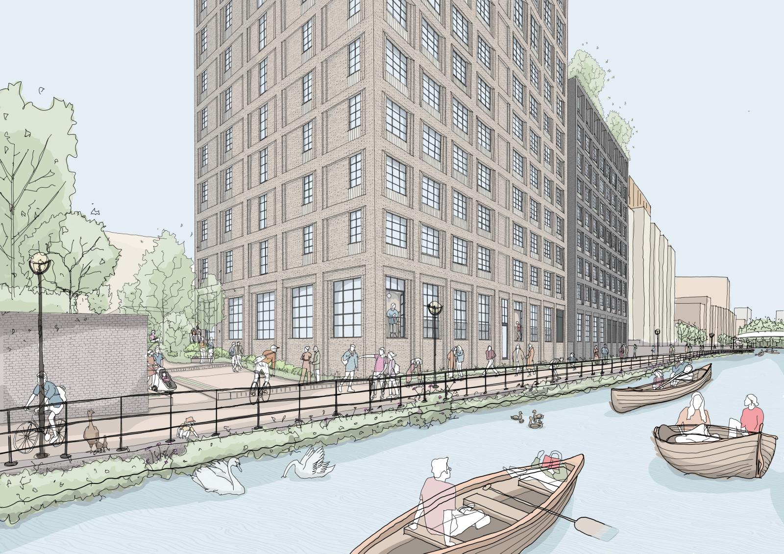 A sketch of a tall tower apartment block by a riverside.