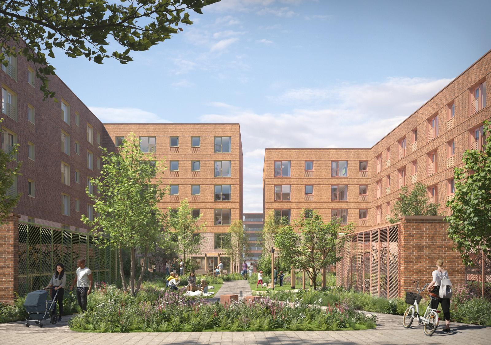A CGI image of the residential apartment blocks with landscaping and greenery.