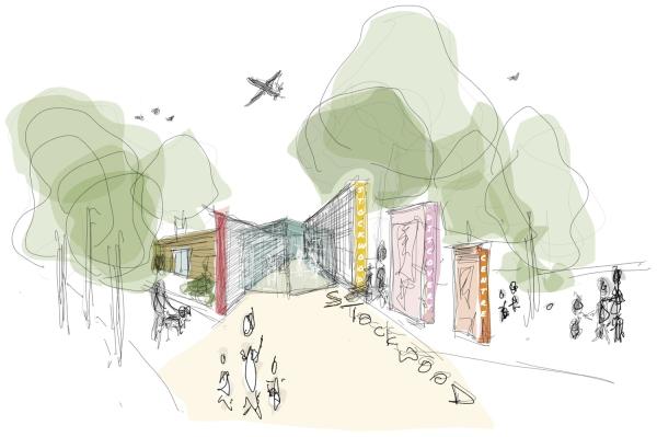 A sketch of an entrance with colourful freestanding walls that radiate out to welcome people and signpost Stockwood Discovery Centre