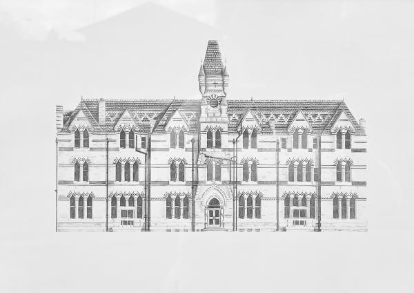 a pencil drawing of ancoats dispensary
