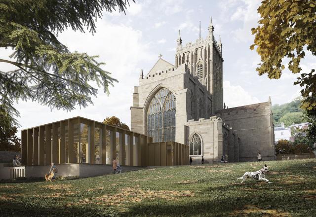A CGI of a Grade I listed church with contemporary extension.