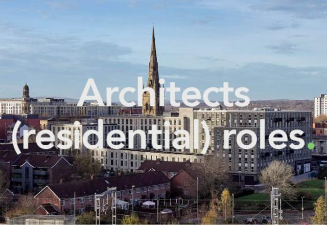 text that reads 'architects (residential) on drone shot background of atelier area with townhouses and church showing