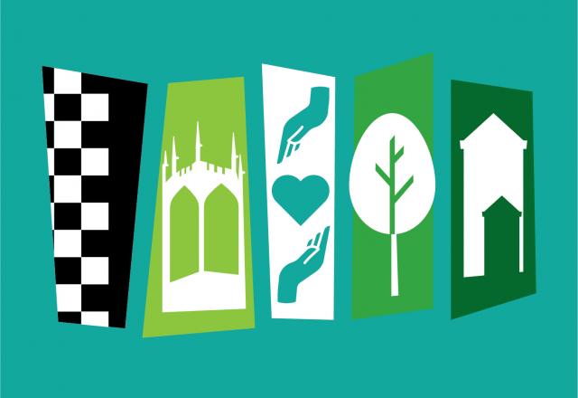 green graphic of four different sections, one black and white checkboard, one church, one two hands holding heart, one leaf, and last buildings