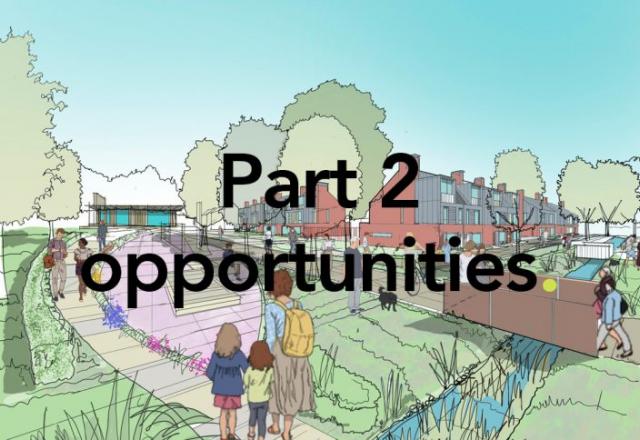 text that reads 'part 2 opportunities' on colourful residential sketch background