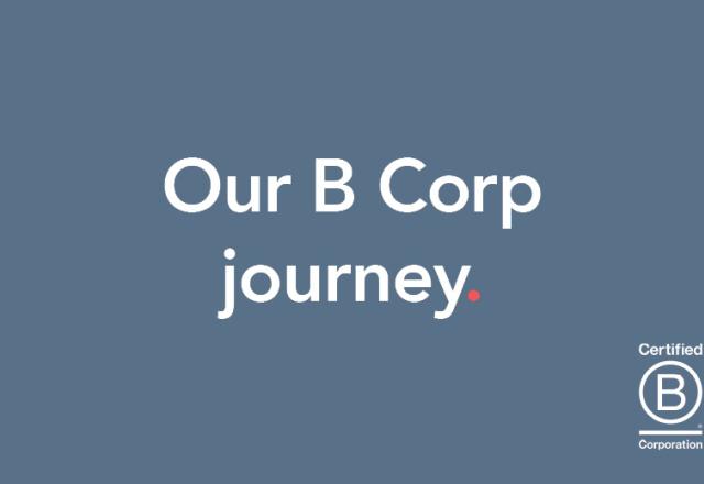 White text on a navy blue background that reads 'Our B Corp Journey.'