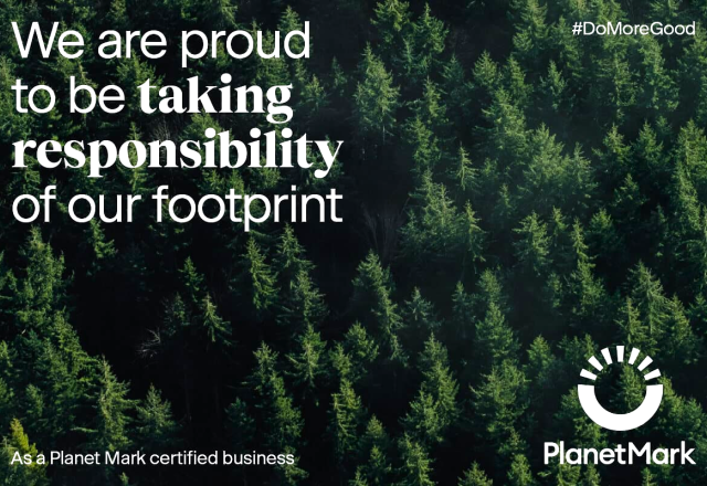 picture of green forest trees with the text we are proud to be taking responsibility of our footprint and a Planet Mark logo