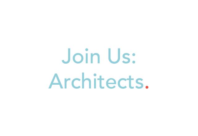 White background with blue text saying "join us: architects"